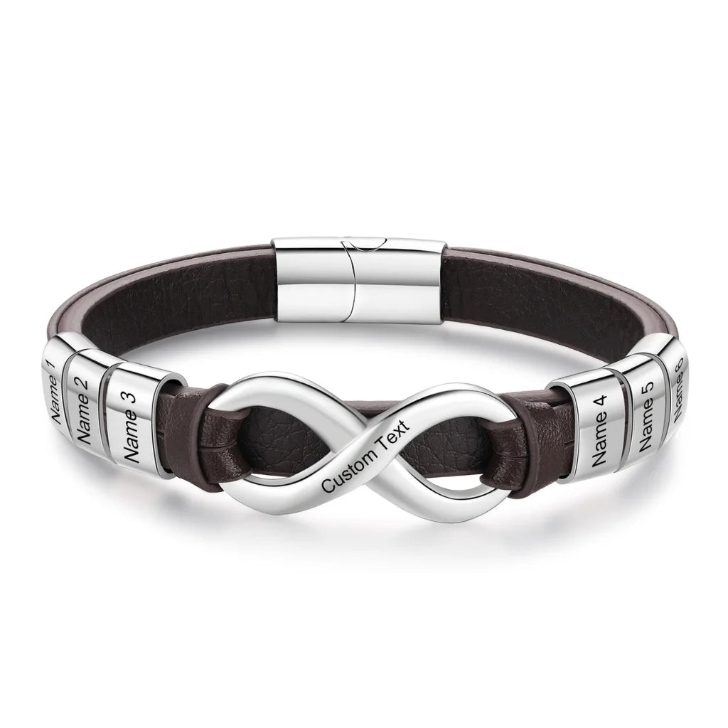 Engraved Leather Bracelet for Men with Personalised 2-6 Names