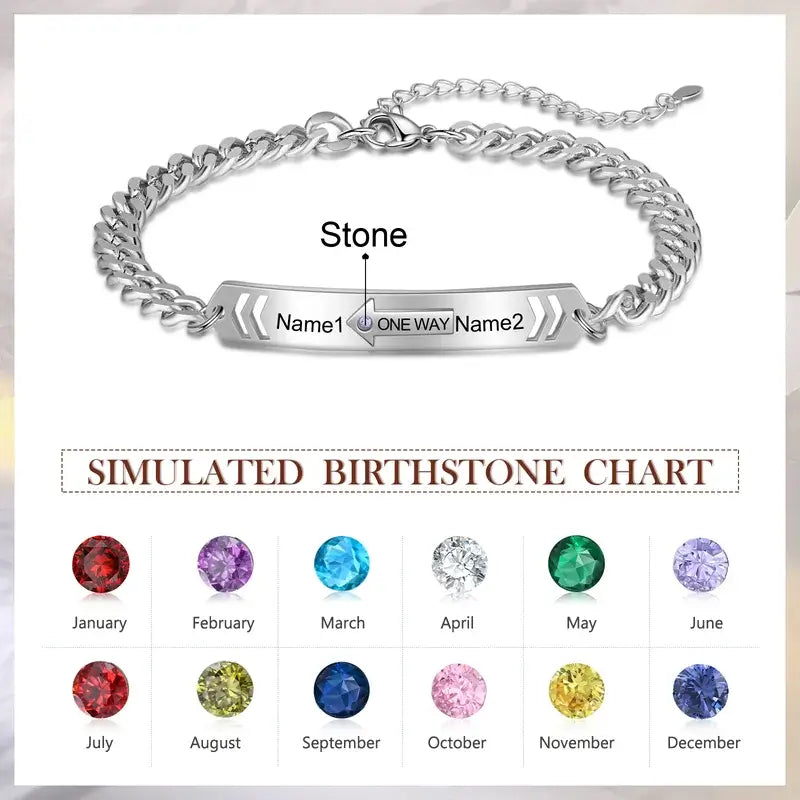 Engraved Name Matching Couple Bracelets with Birthstone | Personalised Couple Bracelets