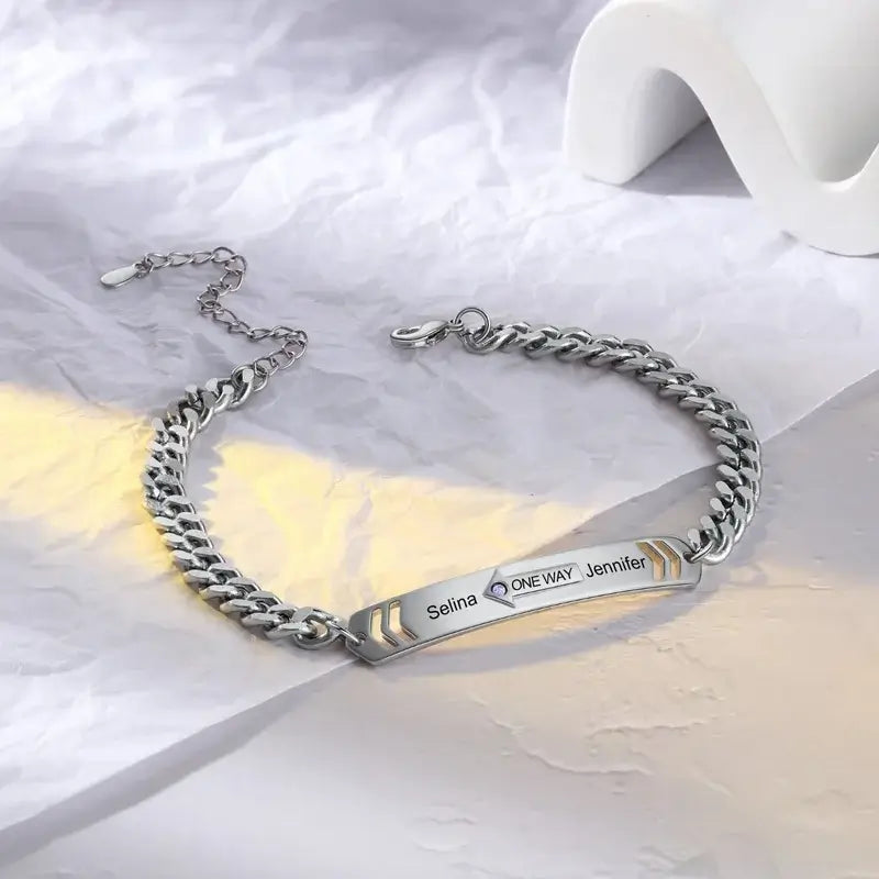 Engraved Name Matching Couple Bracelets with Birthstone | Personalised Couple Bracelets