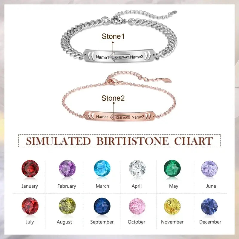 Engraved Name Matching Couple Bracelets with Birthstone | Personalised Couple Bracelets