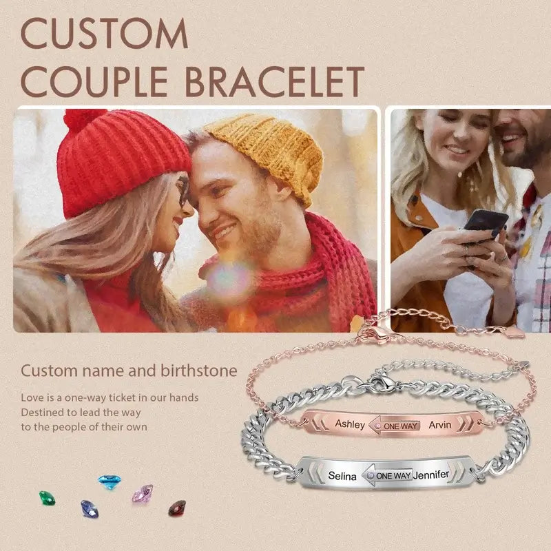 Engraved Name Matching Couple Bracelets with Birthstone | Personalised Couple Bracelets