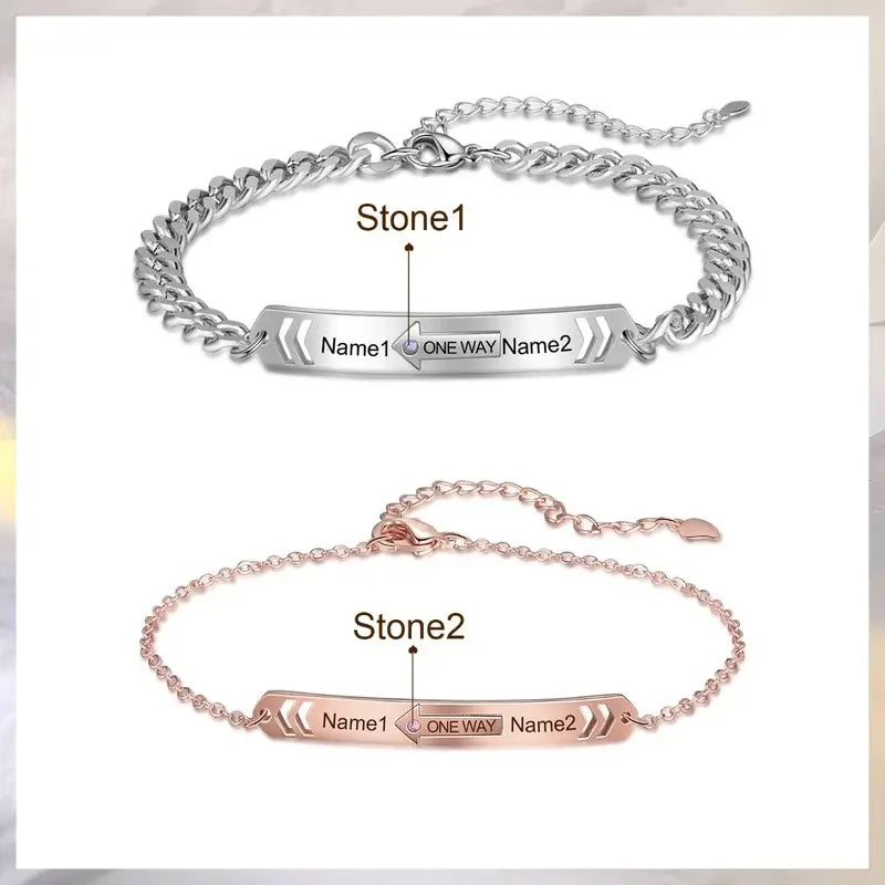 Engraved Name Matching Couple Bracelets with Birthstone | Personalised Couple Bracelets