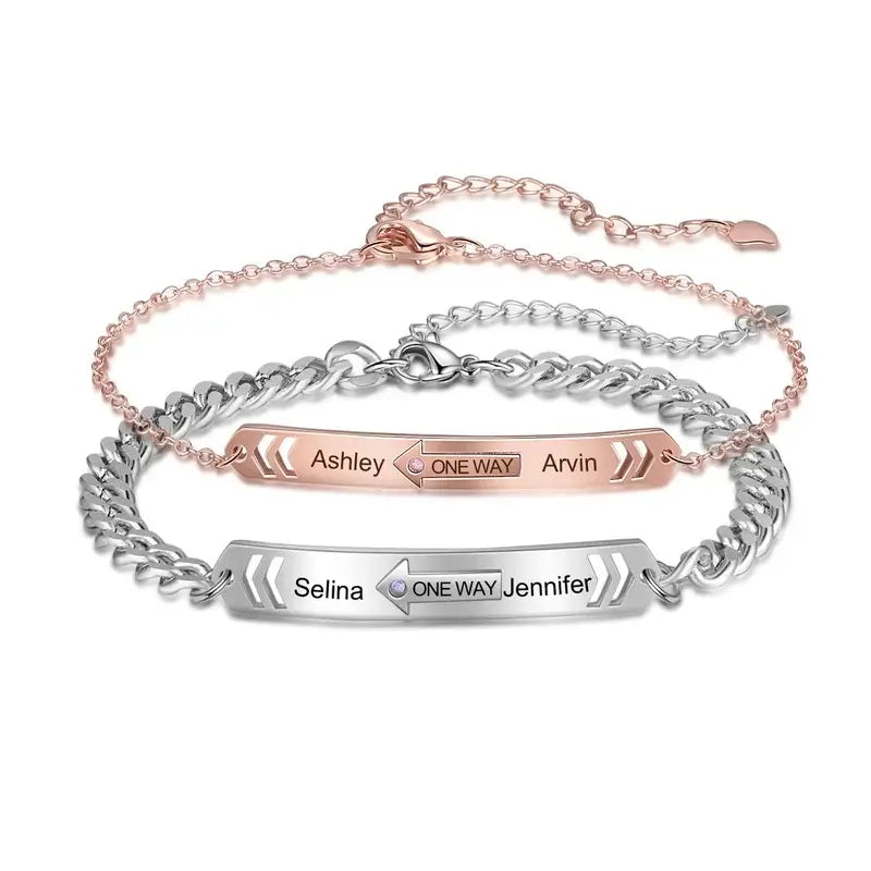 Engraved Name Matching Couple Bracelets with Birthstone | Personalised Couple Bracelets