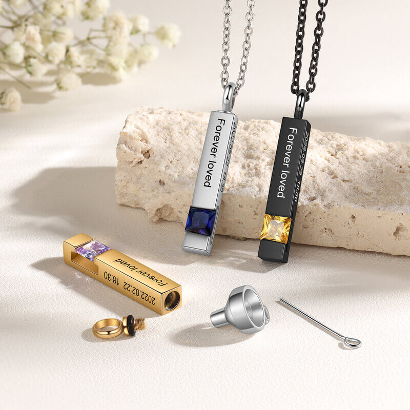 Engraved Vertical Bar Ashes Necklace with Birthstone