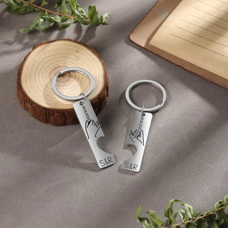 Engraved Vertical Bar Personalised Couple Keyrings