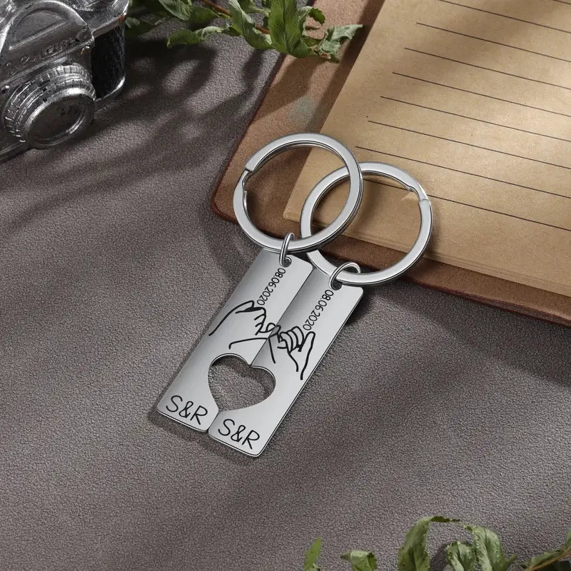 Engraved Vertical Bar Personalised Couple Keyrings