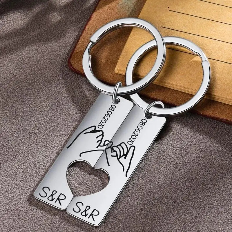 Engraved Vertical Bar Personalised Couple Keyrings