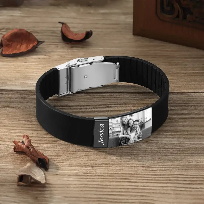 Men's Picture Bracelet with Engraving - Personalised Men's Silicone Bracelet