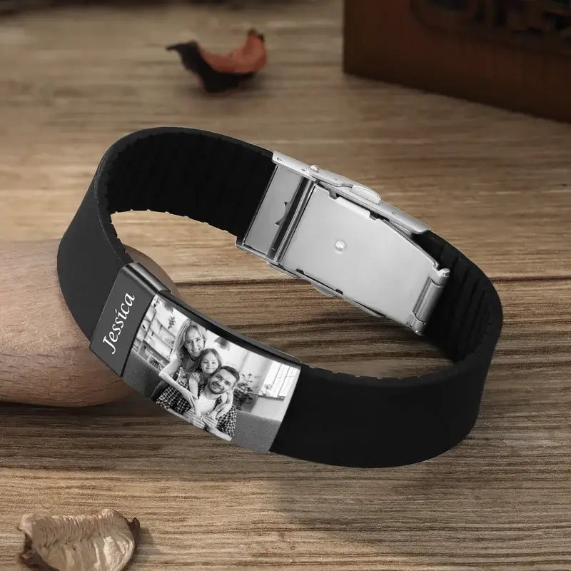 Men's Picture Bracelet with Engraving - Personalised Men's Silicone Bracelet