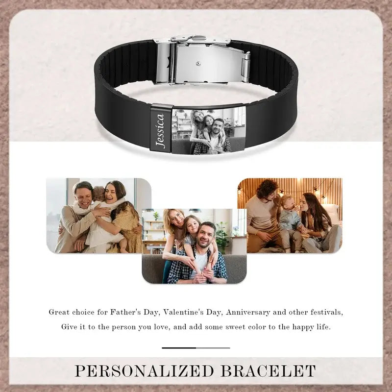 Men's Picture Bracelet with Engraving - Personalised Men's Silicone Bracelet