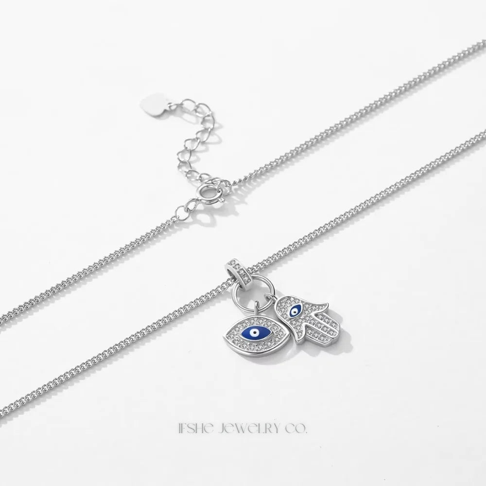Evil Eye and Hamsa Hand Necklace Sterling Silver - Evil Eye and Hamsa Hand Choker Necklace