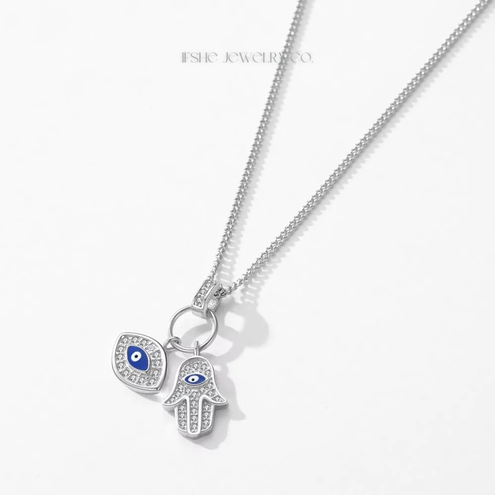 Evil Eye and Hamsa Hand Necklace Sterling Silver - Evil Eye and Hamsa Hand Choker Necklace