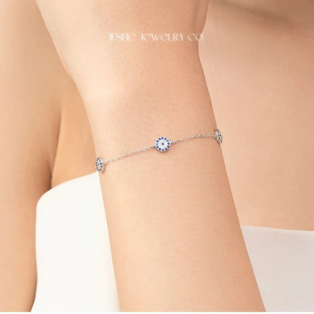 Sterling Silver Evil Eye Bracelet - Turkish Eye Bracelet - Evil Eye Charm Bracelet