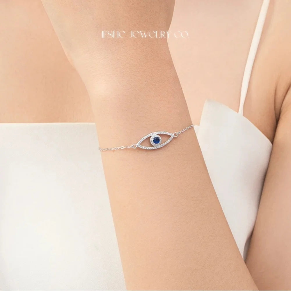 Sterling Silver Evil Eye Bracelet - Turkish Eye Bracelet - Evil Eye Charm Bracelet