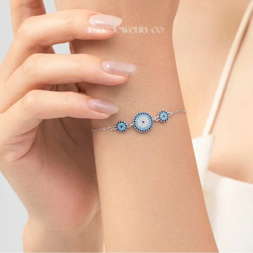 Sterling Silver Evil Eye Bracelet - Turkish Eye Bracelet - Evil Eye Charm Bracelet
