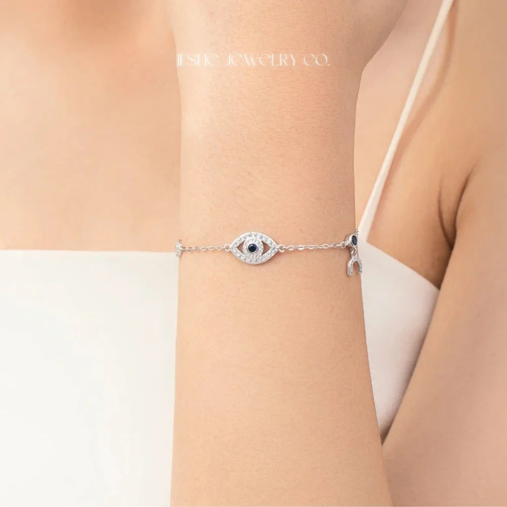 Sterling Silver Evil Eye Bracelet - Turkish Eye Bracelet - Evil Eye Charm Bracelet