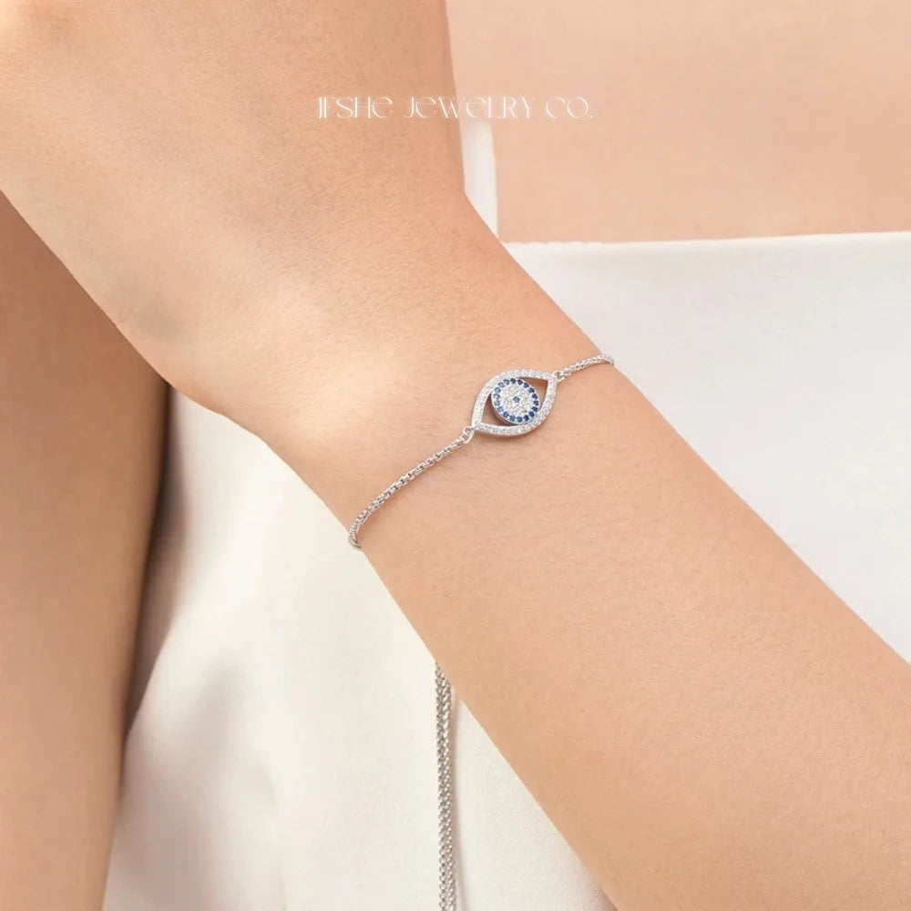 Sterling Silver Evil Eye Bracelet - Turkish Eye Bracelet - Evil Eye Charm Bracelet