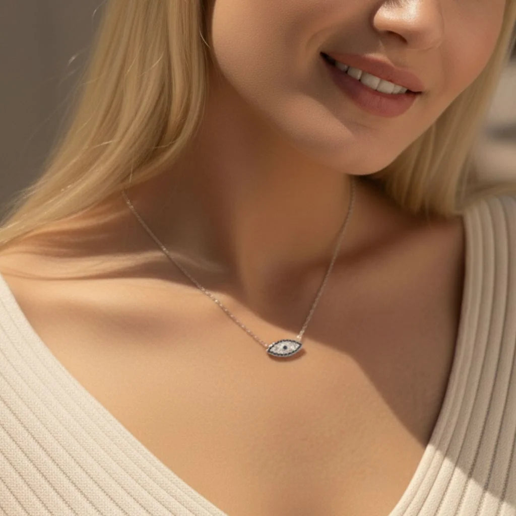 Evil Eye Choker Necklace 925 Sterling Silver with Blue Zircon Stones
