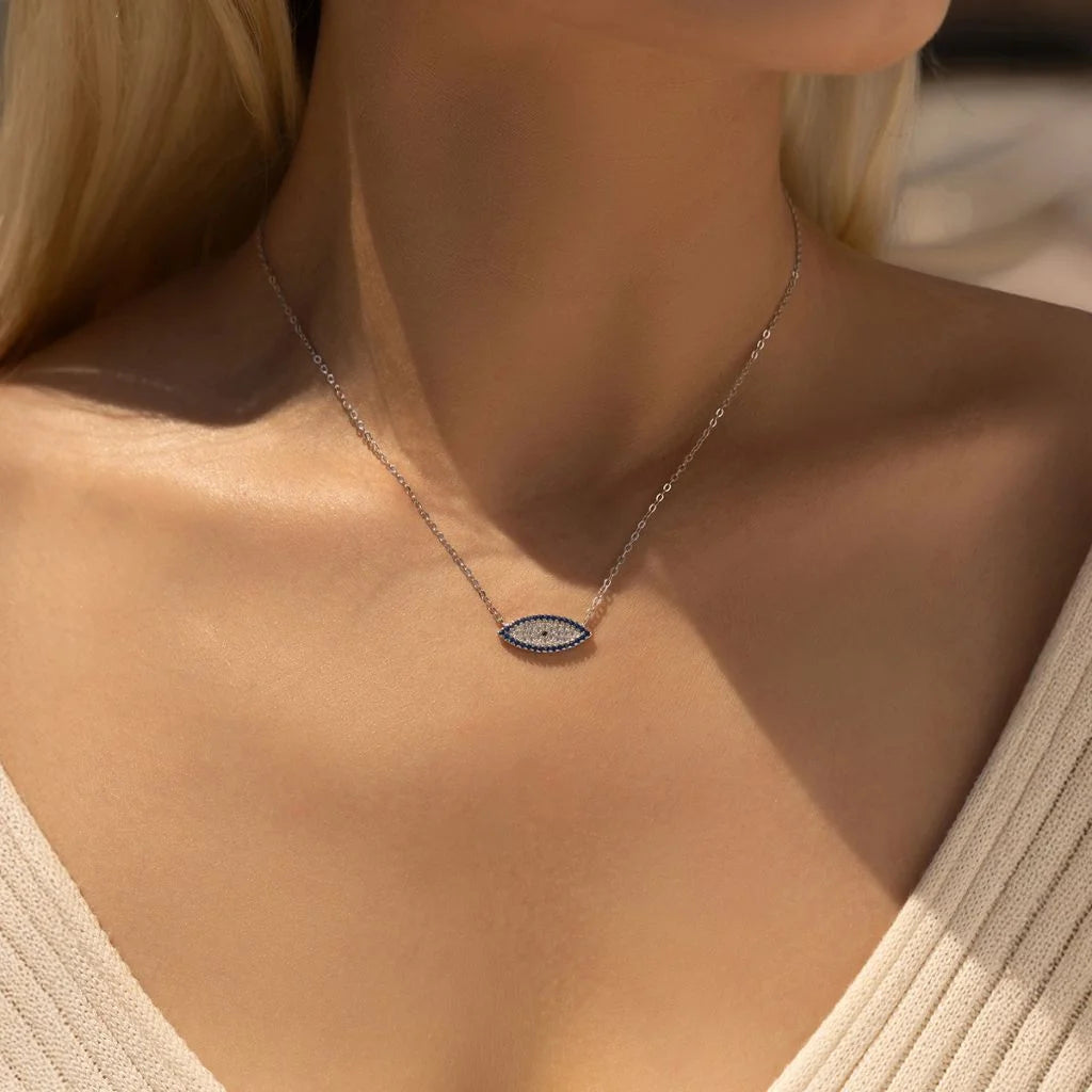 Evil Eye Choker Necklace 925 Sterling Silver with Blue Zircon Stones