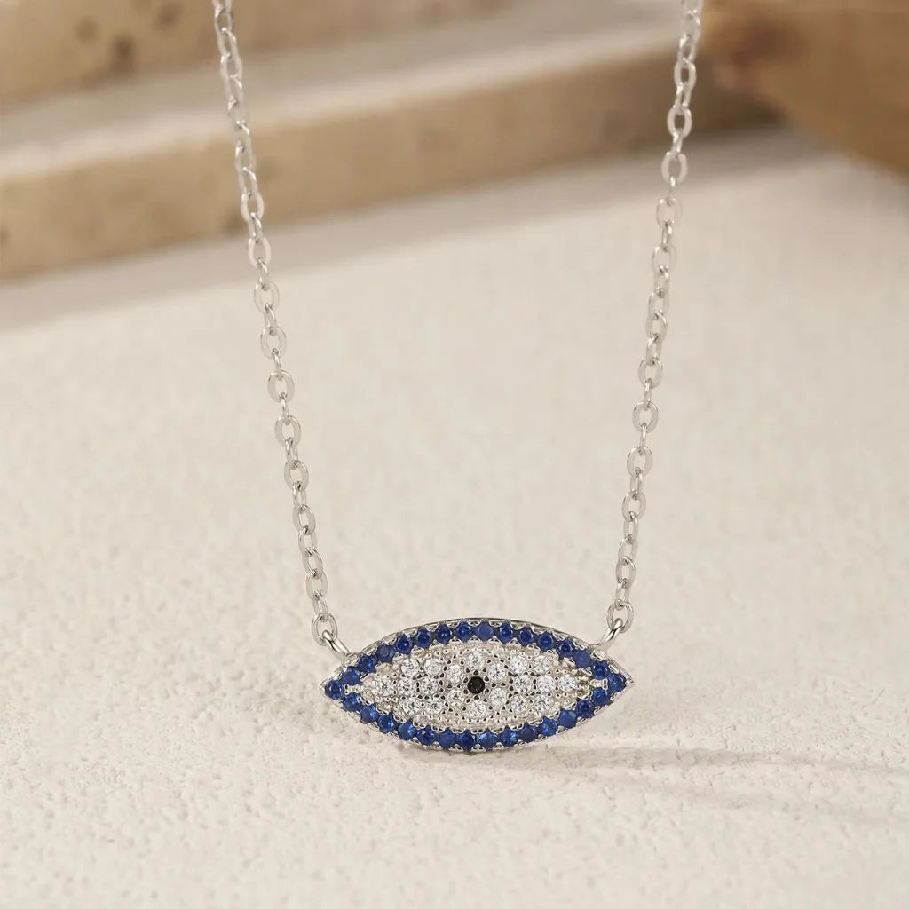 Evil Eye Choker Necklace 925 Sterling Silver with Blue Zircon Stones