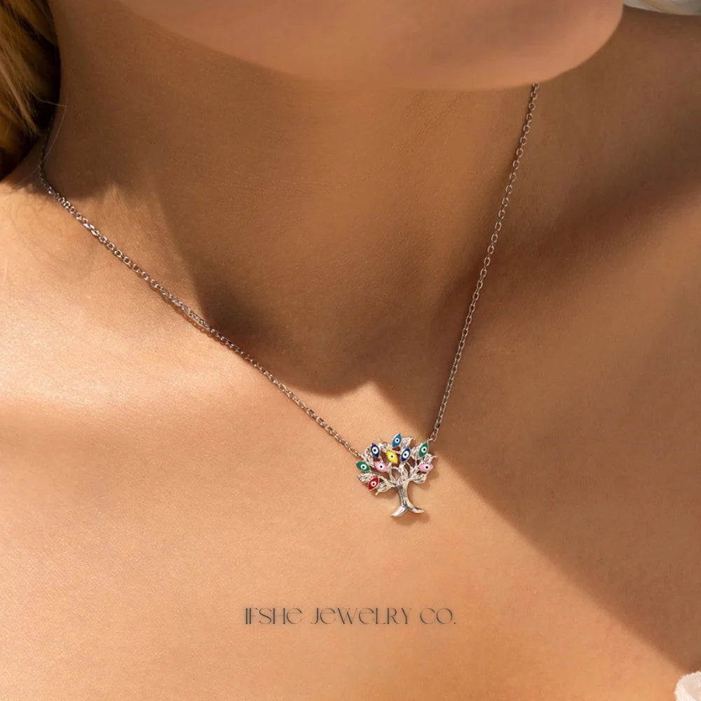 Evil Eye Sterling Silver Necklace with Enamel Tree Pendant