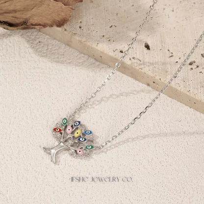 Evil Eye Sterling Silver Necklace with Enamel Tree Pendant