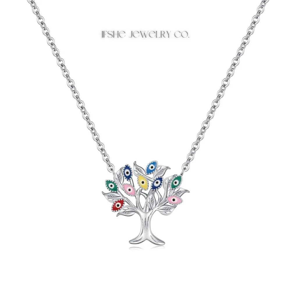 Evil Eye Sterling Silver Necklace with Enamel Tree Pendant