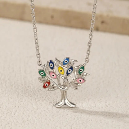 Evil Eye Sterling Silver Necklace with Enamel Tree Pendant