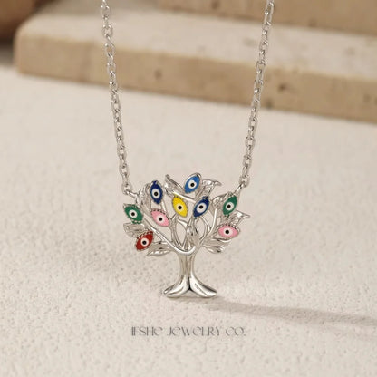 Evil Eye Sterling Silver Necklace with Enamel Tree Pendant