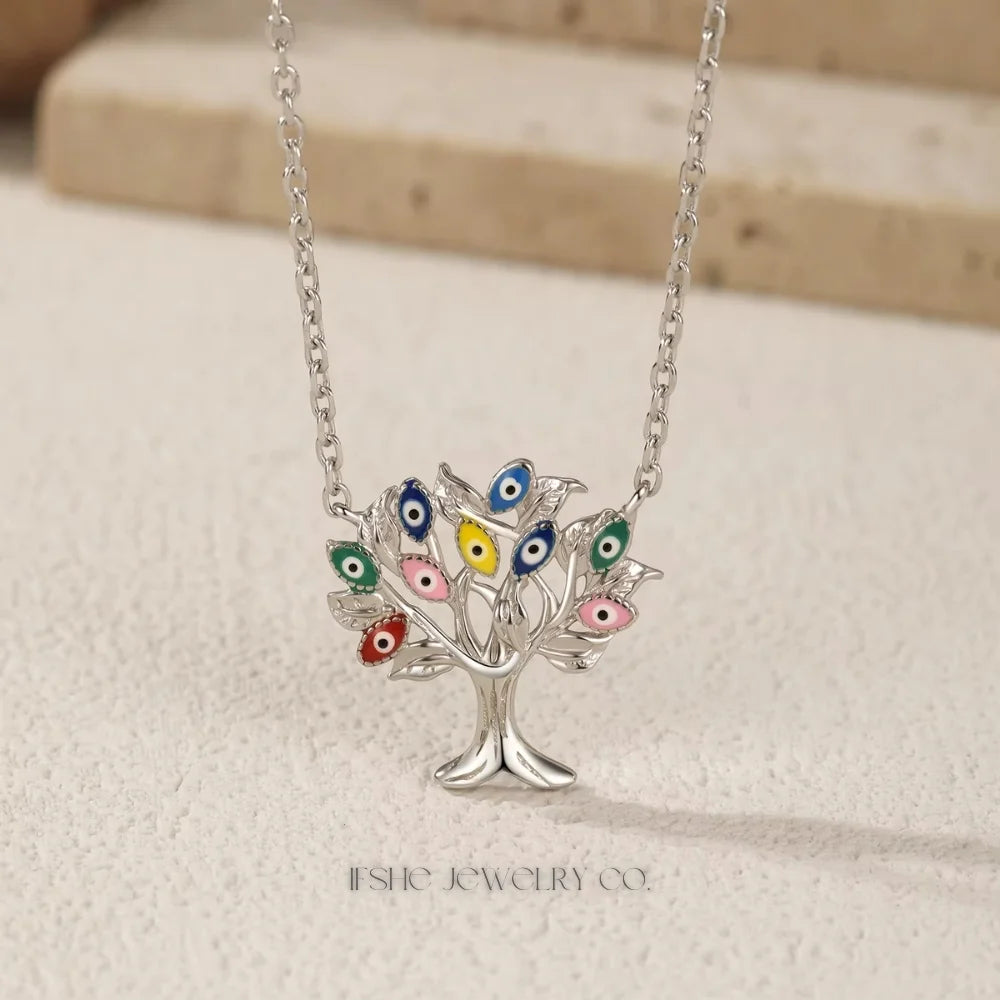 Evil Eye Sterling Silver Necklace with Enamel Tree Pendant