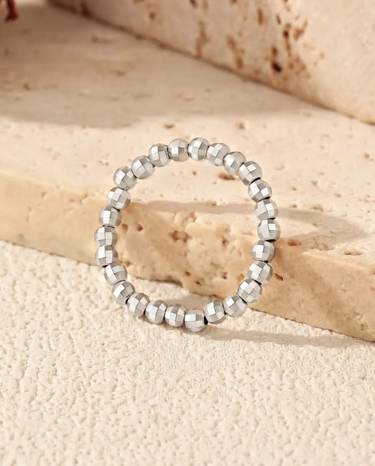 Faceted bead adjustable stacking ring in 925 sterling silver