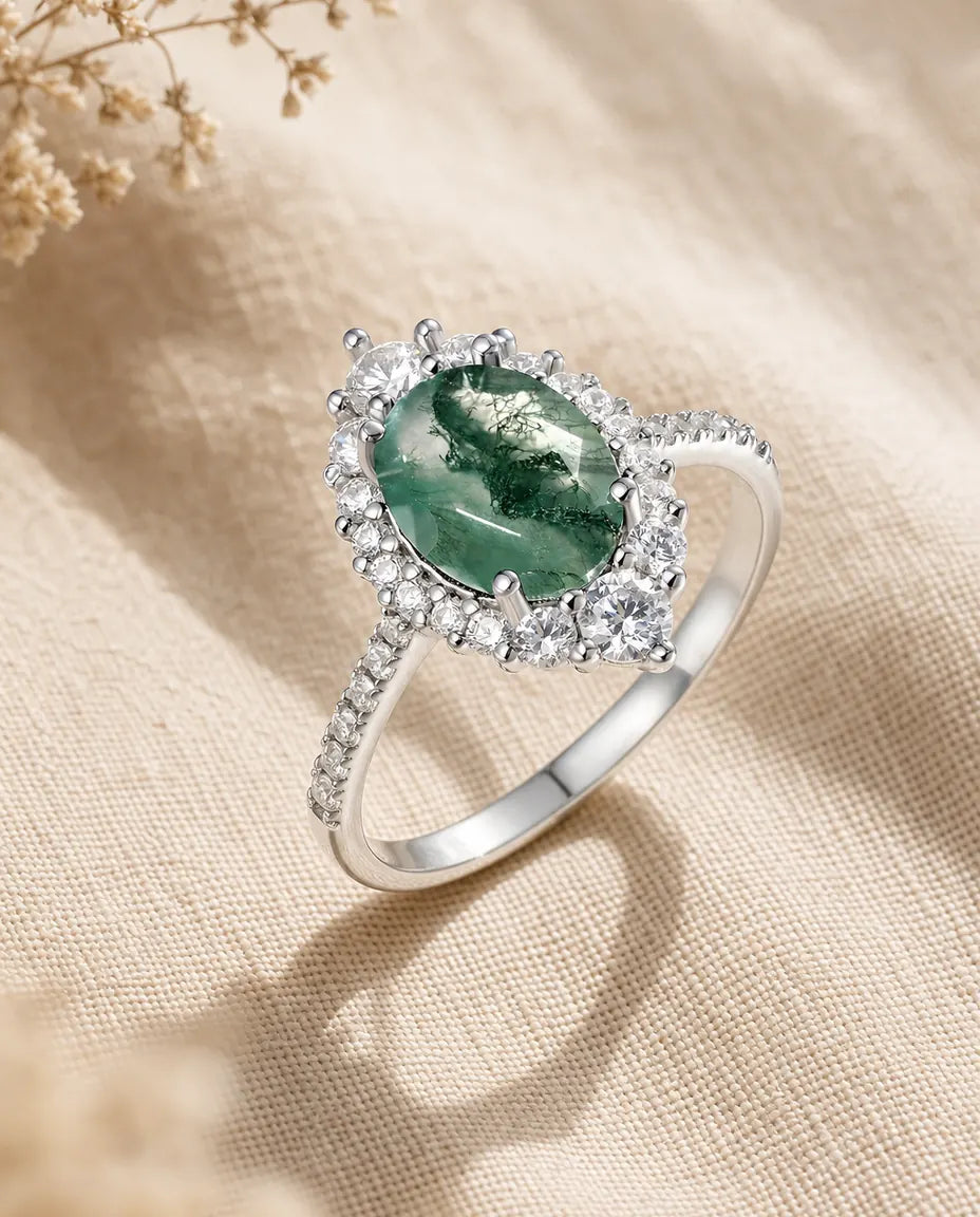 Faceted oval moss agate ring with CZ halo in 925 sterling silver