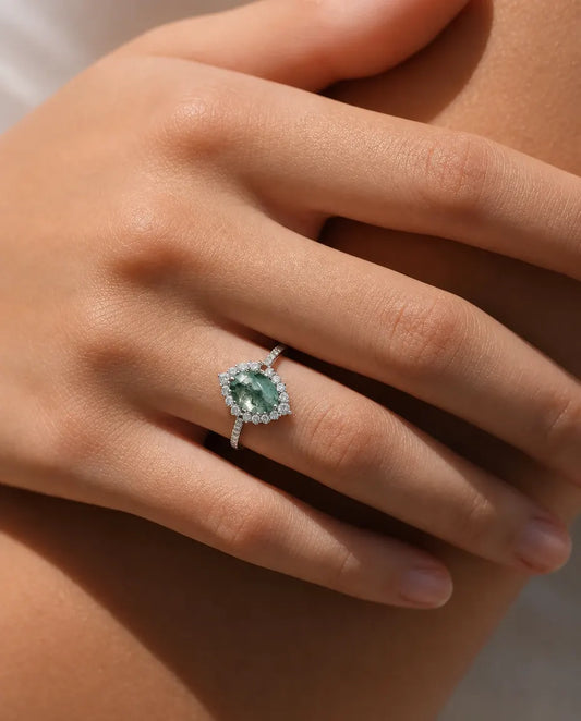 Faceted moss agate CZ halo ring in sterling silver with graduated halo and pave band