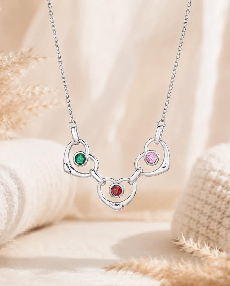 Three-heart version of the family birthstone name necklace