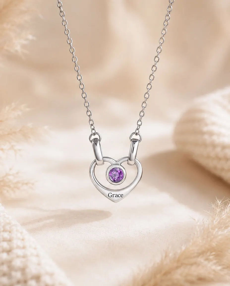 Single heart version of the personalised birthstone name necklace