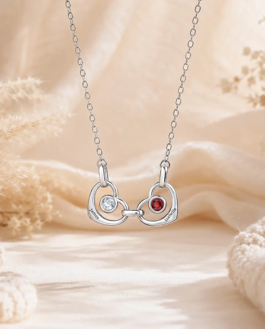 Two-heart version of the family birthstone name necklace