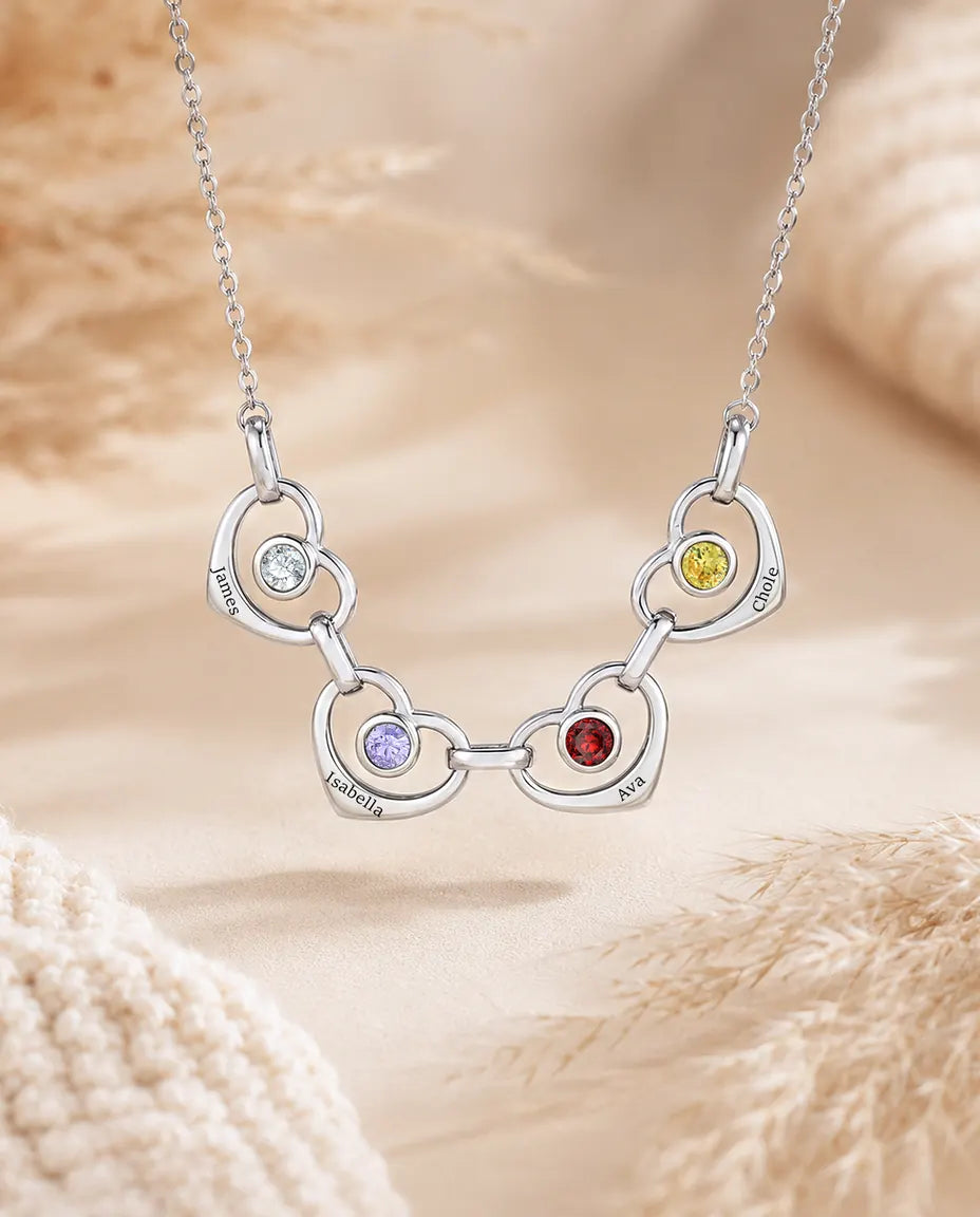 Four-heart version of the family birthstone name necklace