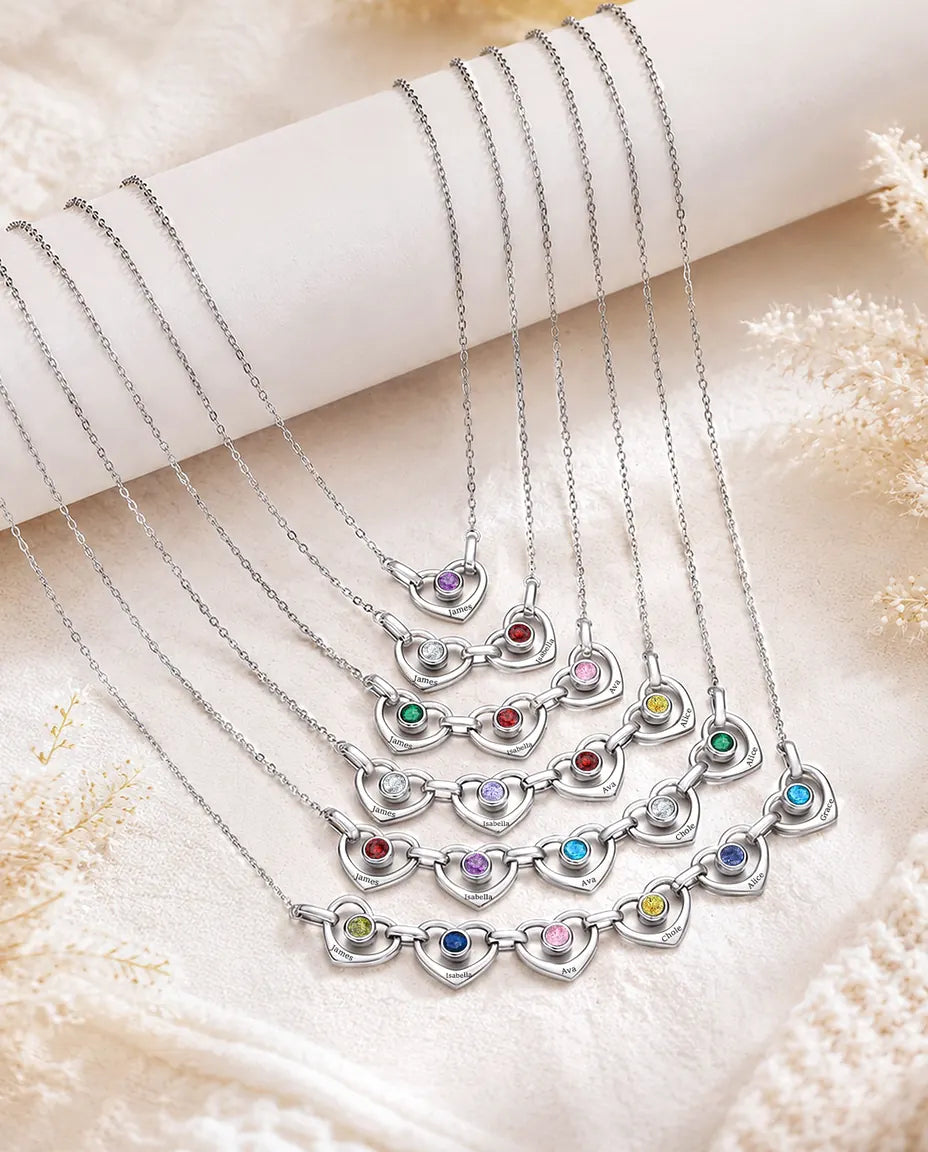 All six versions of the family birthstone necklace, one to six hearts
