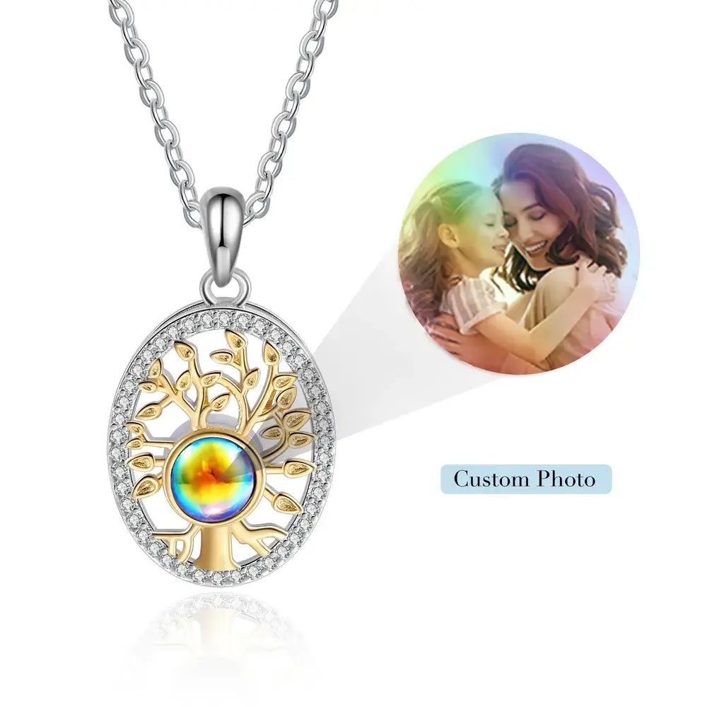 Family Tree Necklace with Picture Inside, Tree Of Life Photo Projection Necklace, Photo Projection Jewellery for Her