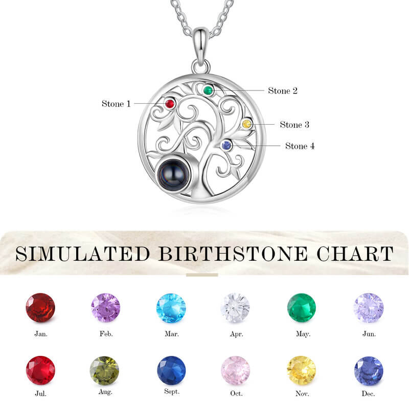 Personalised Family Tree Photo Projection Necklace with Birthstones