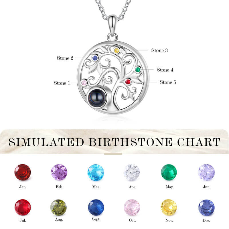 Personalised Family Tree Photo Projection Necklace with Birthstones