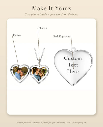 Personalisation guide showing Photo 1, Photo 2 and Back Engraving placement on heart locket