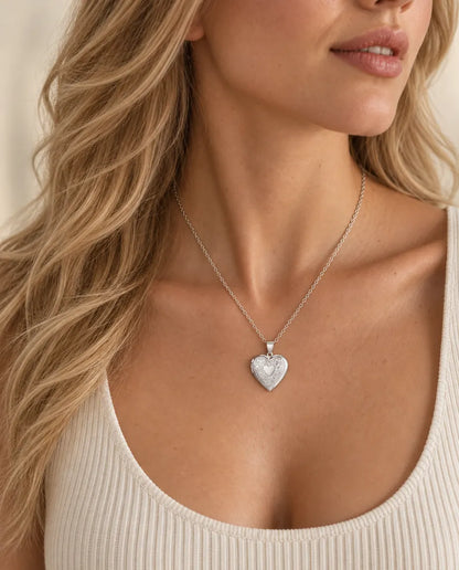 Personalised Floral Heart Locket Necklace That Holds 2 Photos with Custom Back Engraving worn on a model