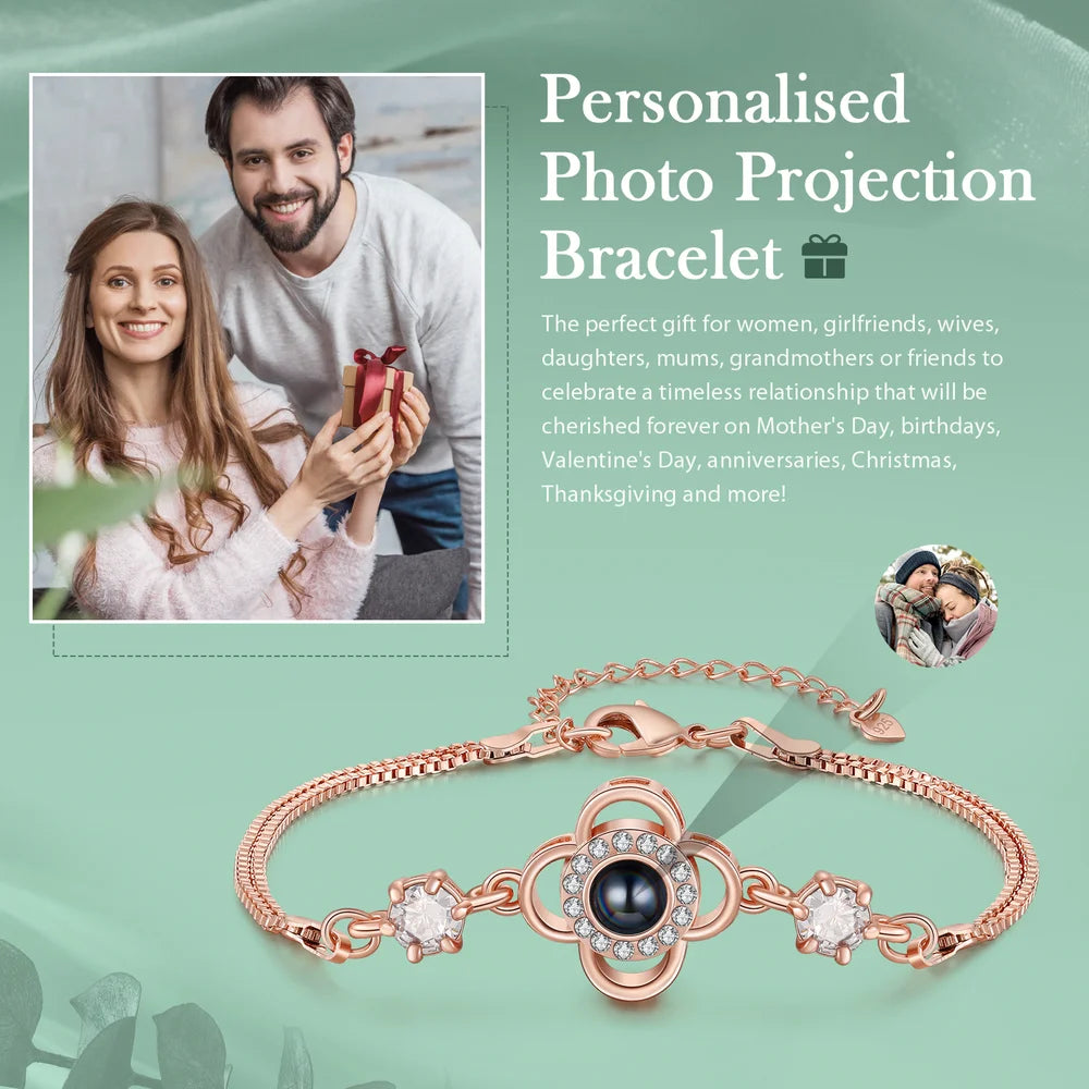 Four Leaf Clover Bracelet with Picture Inside, Personalised Photo Bracelet for Her, Memory Photo Projection Bracelet