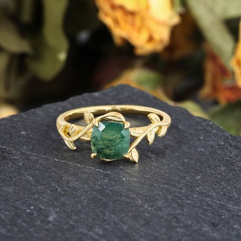 Gold Moss Agate Ring Cushion Shaped Sterling Silver