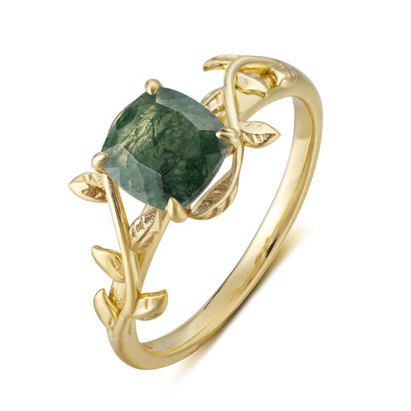 Gold Moss Agate Ring Cushion Shaped Sterling Silver