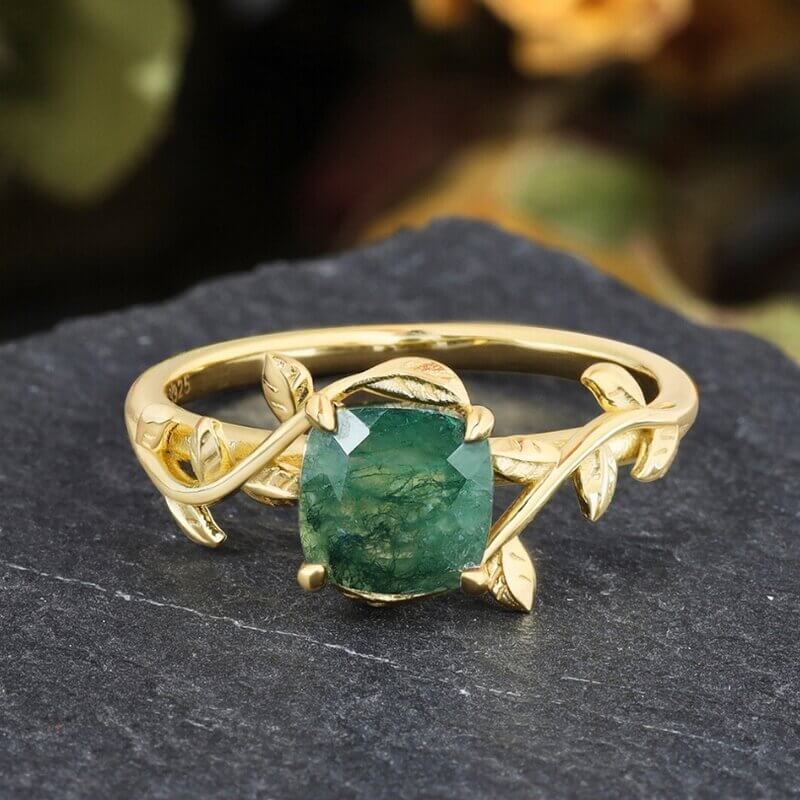 Gold Moss Agate Ring Cushion Shaped Sterling Silver