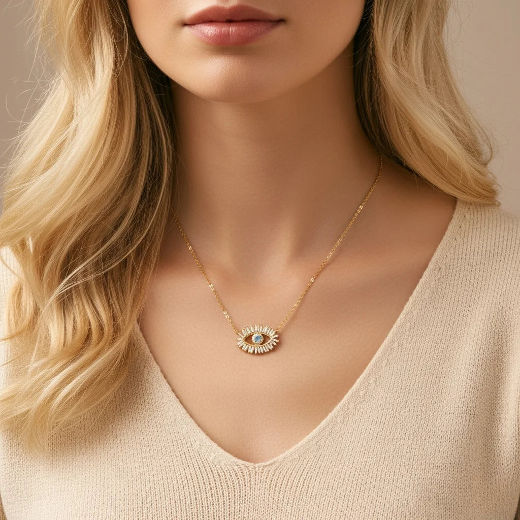 Glimmering Gold-Plated Sterling Silver Evil Eye Necklace for Women