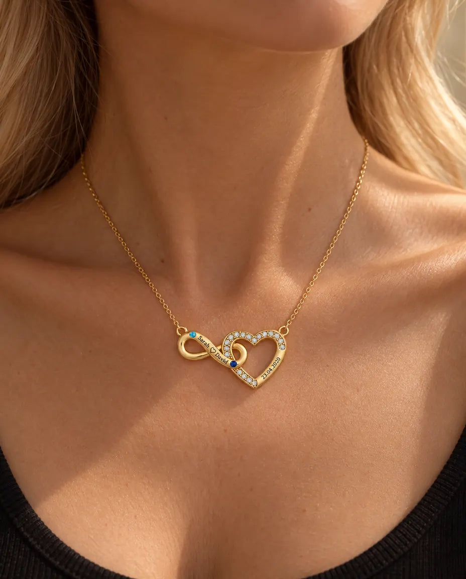 Blonde woman wearing the gold infinity heart name and date necklace