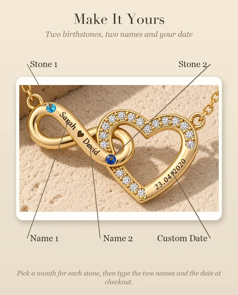 How to personalise the necklace with two birthstones, two names and a date